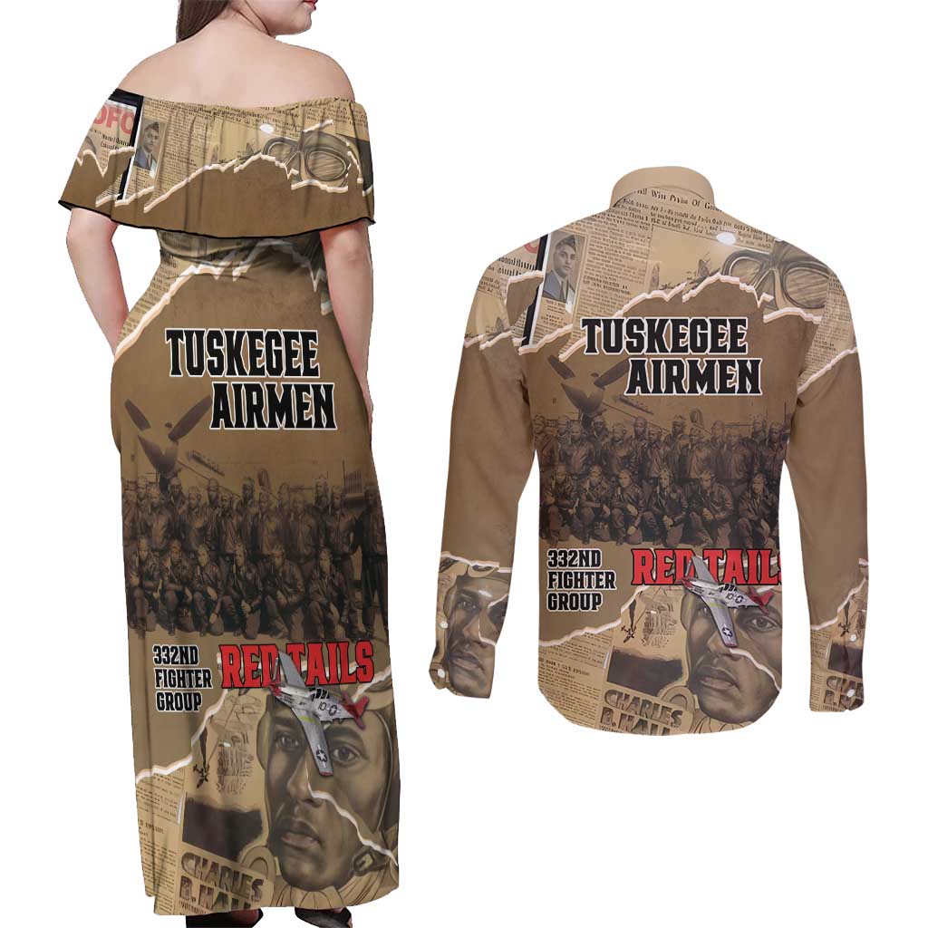 Tuskegee Airmen Tribute Couples Matching Off Shoulder Maxi Dress and Long Sleeve Button Shirt Black History Air Force - Wonder Print Shop