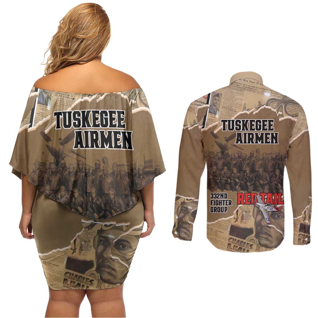 Tuskegee Airmen Tribute Couples Matching Off Shoulder Short Dress and Long Sleeve Button Shirt Black History Air Force - Wonder Print Shop