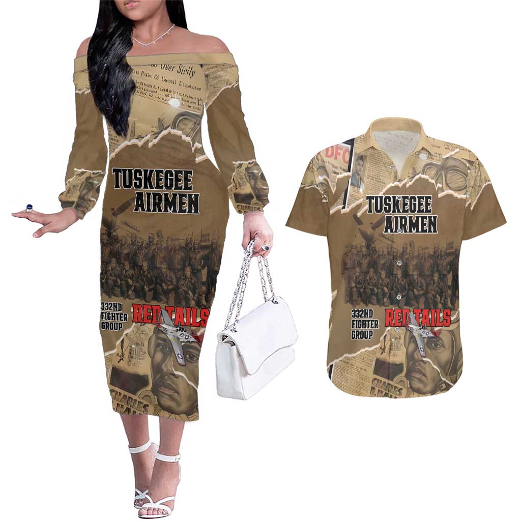 Tuskegee Airmen Tribute Couples Matching Off The Shoulder Long Sleeve Dress and Hawaiian Shirt Black History Air Force - Wonder Print Shop