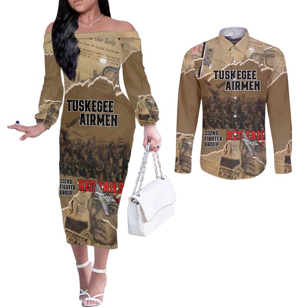 Tuskegee Airmen Tribute Couples Matching Off The Shoulder Long Sleeve Dress and Long Sleeve Button Shirt Black History Air Force - Wonder Print Shop