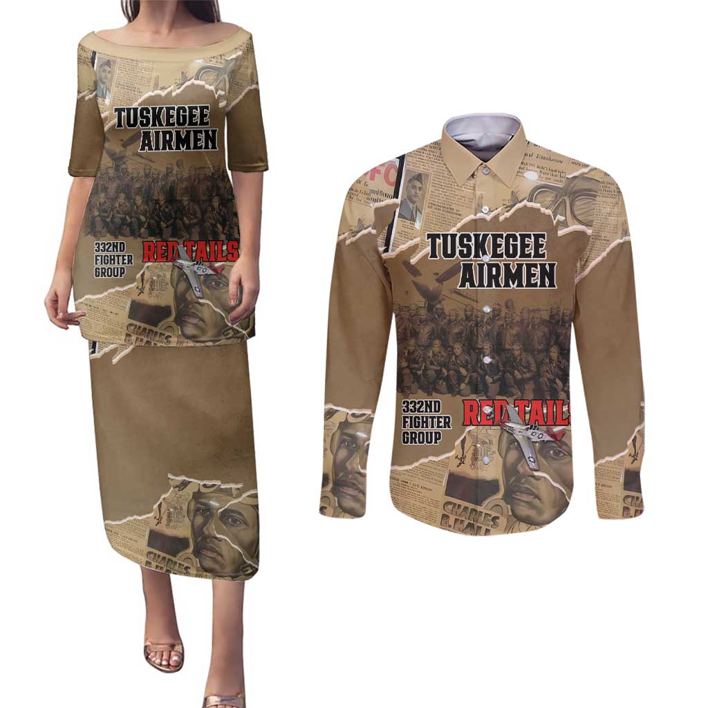 Tuskegee Airmen Tribute Couples Matching Puletasi and Long Sleeve Button Shirt Black History Air Force - Wonder Print Shop