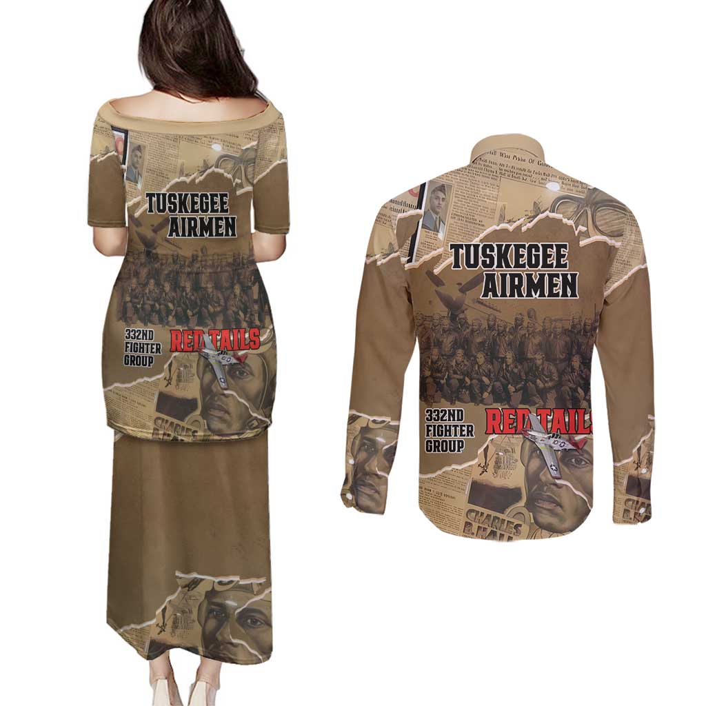 Tuskegee Airmen Tribute Couples Matching Puletasi and Long Sleeve Button Shirt Black History Air Force - Wonder Print Shop
