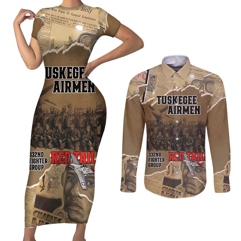 Tuskegee Airmen Tribute Couples Matching Short Sleeve Bodycon Dress and Long Sleeve Button Shirt Black History Air Force - Wonder Print Shop