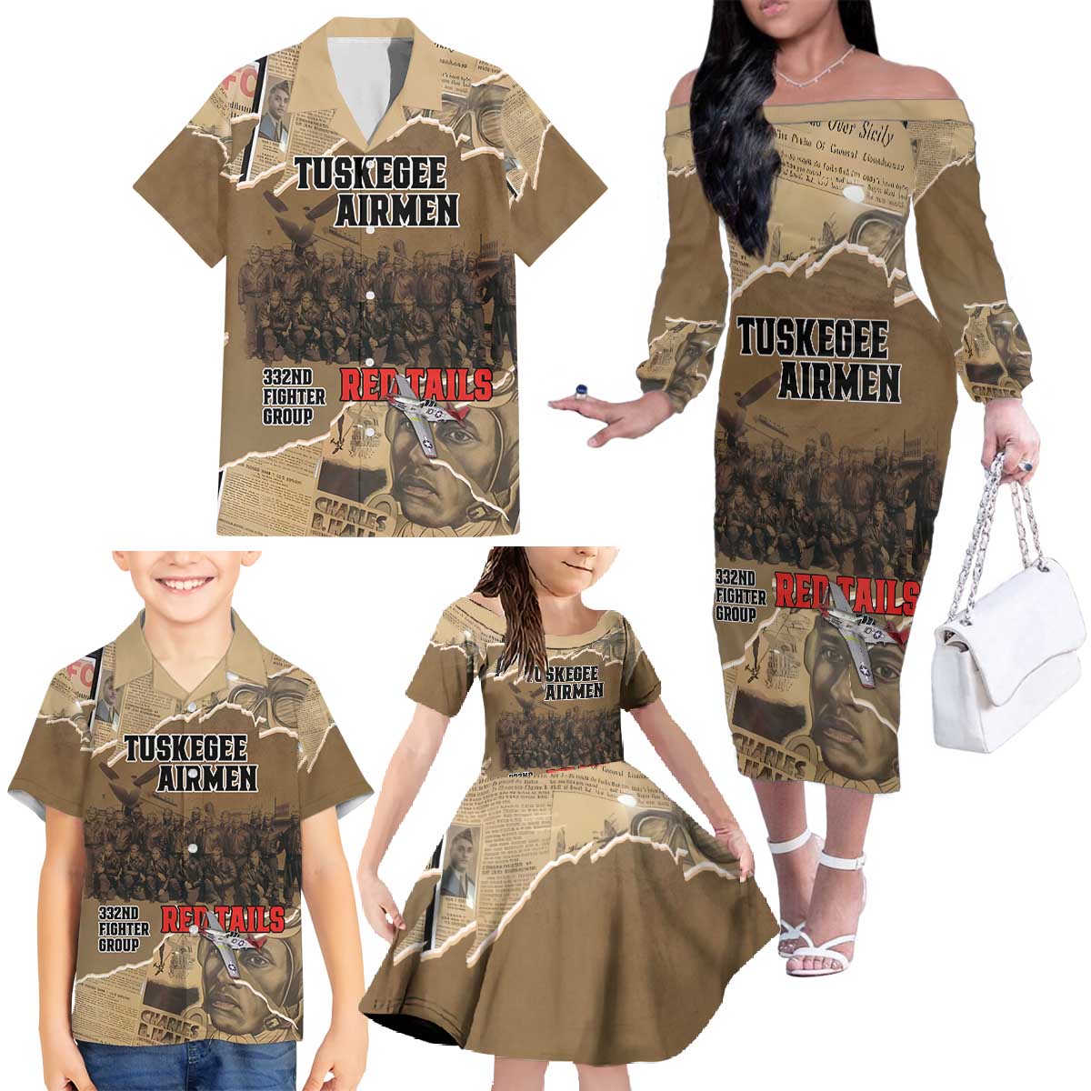 Tuskegee Airmen Tribute Family Matching Off The Shoulder Long Sleeve Dress and Hawaiian Shirt Black History Air Force - Wonder Print Shop