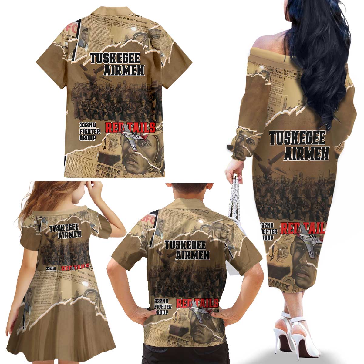 Tuskegee Airmen Tribute Family Matching Off The Shoulder Long Sleeve Dress and Hawaiian Shirt Black History Air Force - Wonder Print Shop