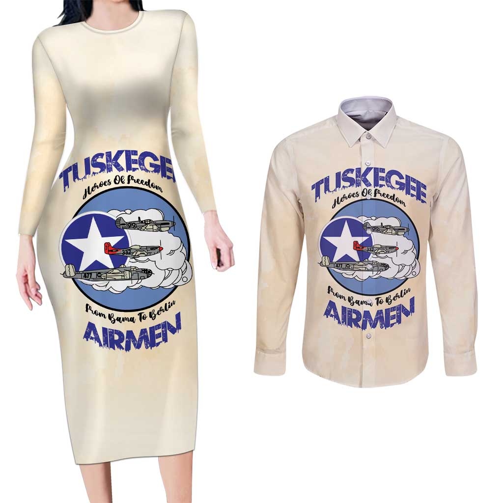 Tuskegee Airmen Red Tails Couples Matching Long Sleeve Bodycon Dress and Long Sleeve Button Shirt Heroes Of Freedom - Wonder Print Shop