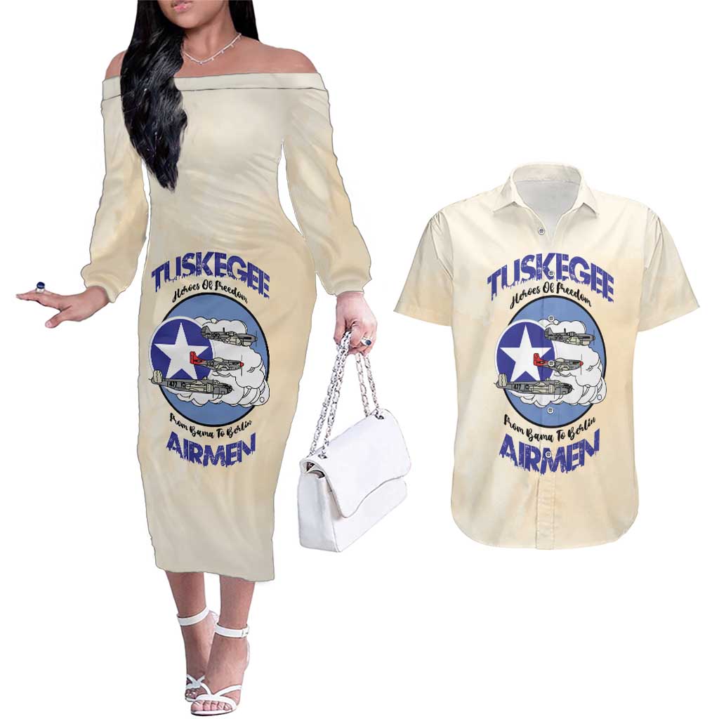 Tuskegee Airmen Red Tails Couples Matching Off The Shoulder Long Sleeve Dress and Hawaiian Shirt Heroes Of Freedom - Wonder Print Shop