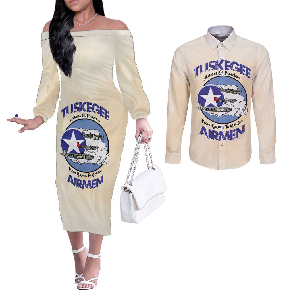 Tuskegee Airmen Red Tails Couples Matching Off The Shoulder Long Sleeve Dress and Long Sleeve Button Shirt Heroes Of Freedom - Wonder Print Shop