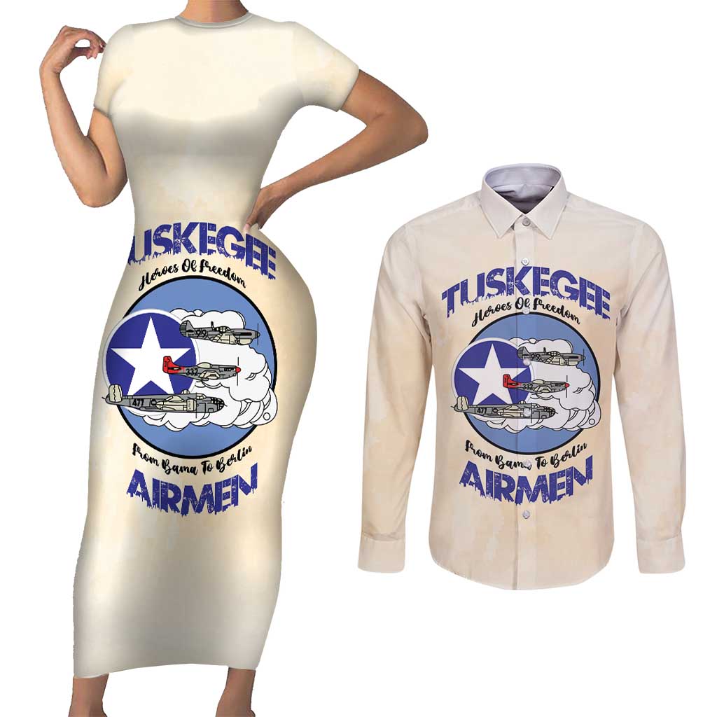 Tuskegee Airmen Red Tails Couples Matching Short Sleeve Bodycon Dress and Long Sleeve Button Shirt Heroes Of Freedom - Wonder Print Shop