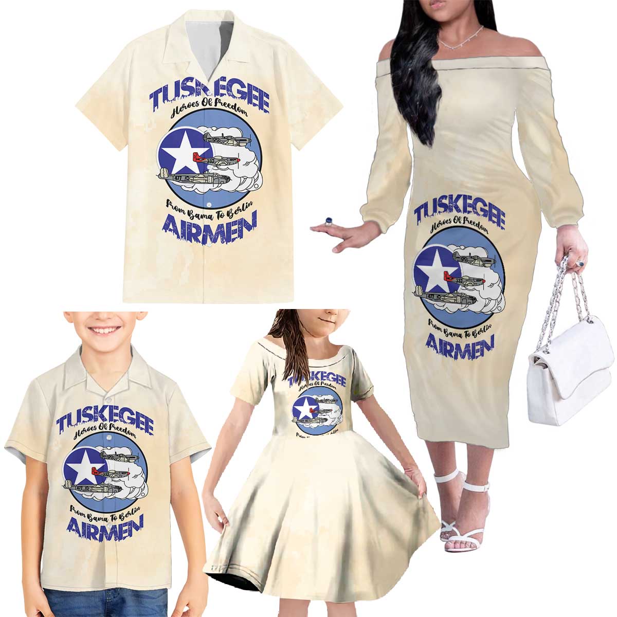 Tuskegee Airmen Red Tails Family Matching Off The Shoulder Long Sleeve Dress and Hawaiian Shirt Heroes Of Freedom - Wonder Print Shop