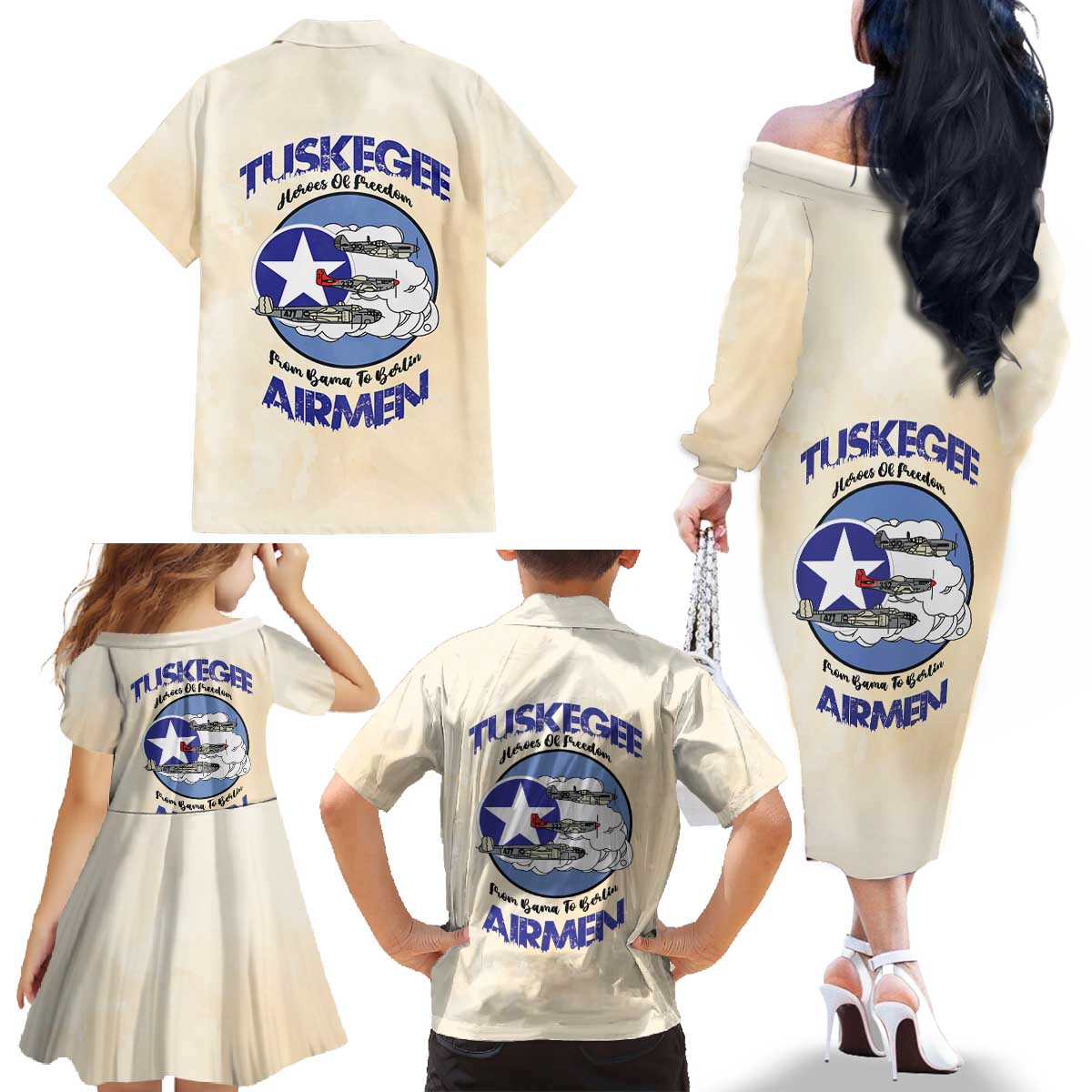 Tuskegee Airmen Red Tails Family Matching Off The Shoulder Long Sleeve Dress and Hawaiian Shirt Heroes Of Freedom - Wonder Print Shop