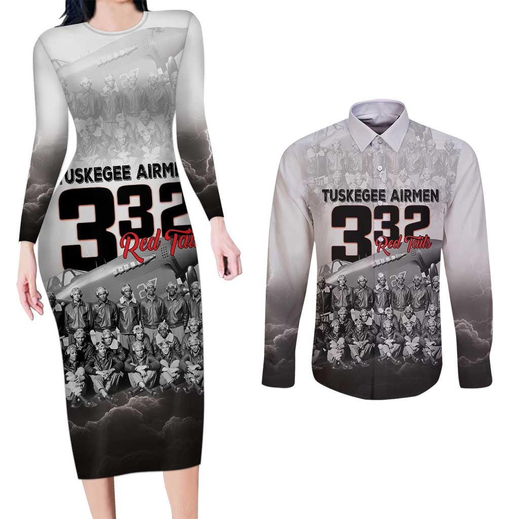 Tuskegee Airmen Pride Couples Matching Long Sleeve Bodycon Dress and Long Sleeve Button Shirt 332nd Fighter Group Red Tails - Wonder Print Shop