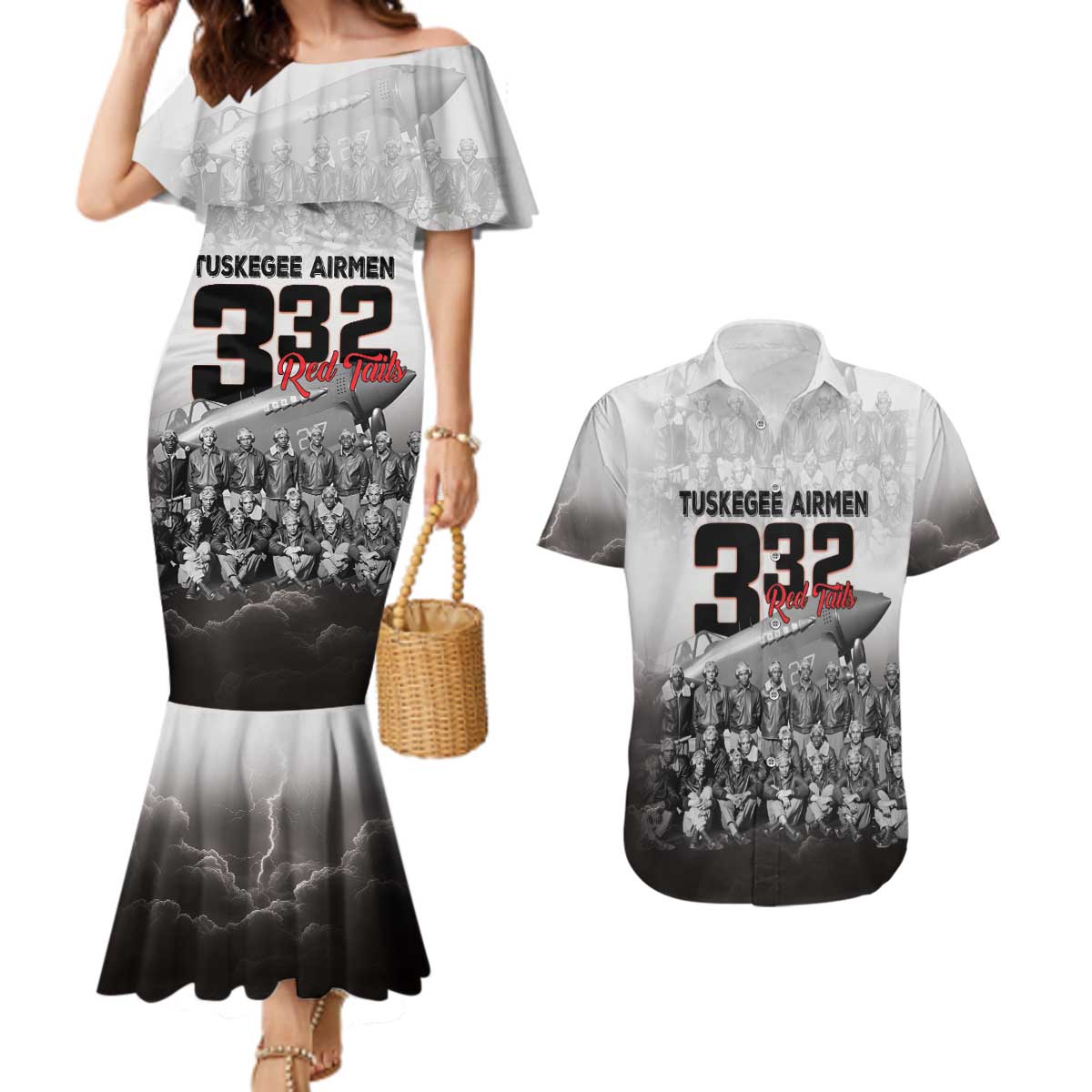 Tuskegee Airmen Pride Couples Matching Mermaid Dress and Hawaiian Shirt 332nd Fighter Group Red Tails - Wonder Print Shop