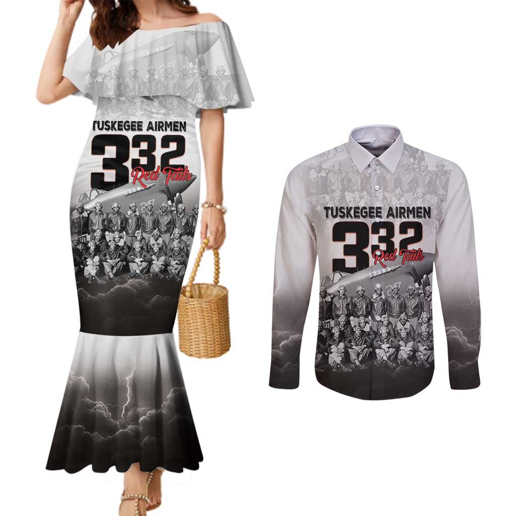 Tuskegee Airmen Pride Couples Matching Mermaid Dress and Long Sleeve Button Shirt 332nd Fighter Group Red Tails - Wonder Print Shop