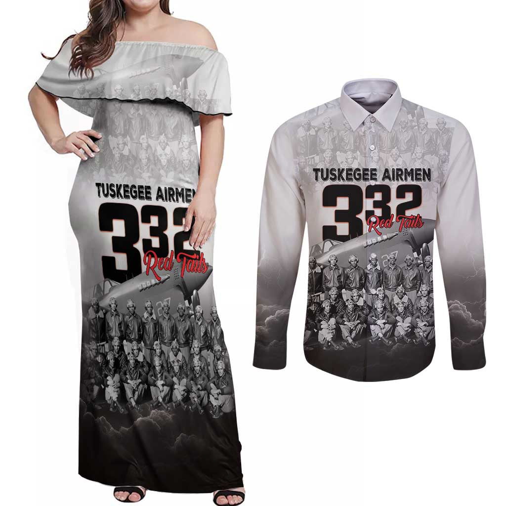 Tuskegee Airmen Pride Couples Matching Off Shoulder Maxi Dress and Long Sleeve Button Shirt 332nd Fighter Group Red Tails - Wonder Print Shop