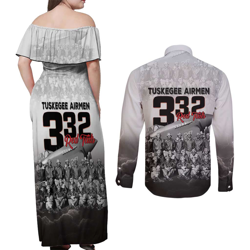 Tuskegee Airmen Pride Couples Matching Off Shoulder Maxi Dress and Long Sleeve Button Shirt 332nd Fighter Group Red Tails - Wonder Print Shop