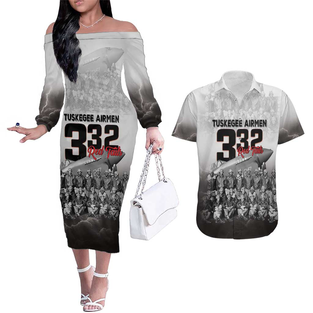 Tuskegee Airmen Pride Couples Matching Off The Shoulder Long Sleeve Dress and Hawaiian Shirt 332nd Fighter Group Red Tails - Wonder Print Shop