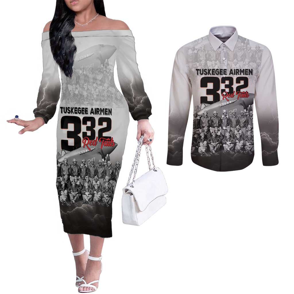 Tuskegee Airmen Pride Couples Matching Off The Shoulder Long Sleeve Dress and Long Sleeve Button Shirt 332nd Fighter Group Red Tails - Wonder Print Shop