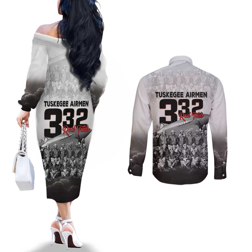 Tuskegee Airmen Pride Couples Matching Off The Shoulder Long Sleeve Dress and Long Sleeve Button Shirt 332nd Fighter Group Red Tails - Wonder Print Shop