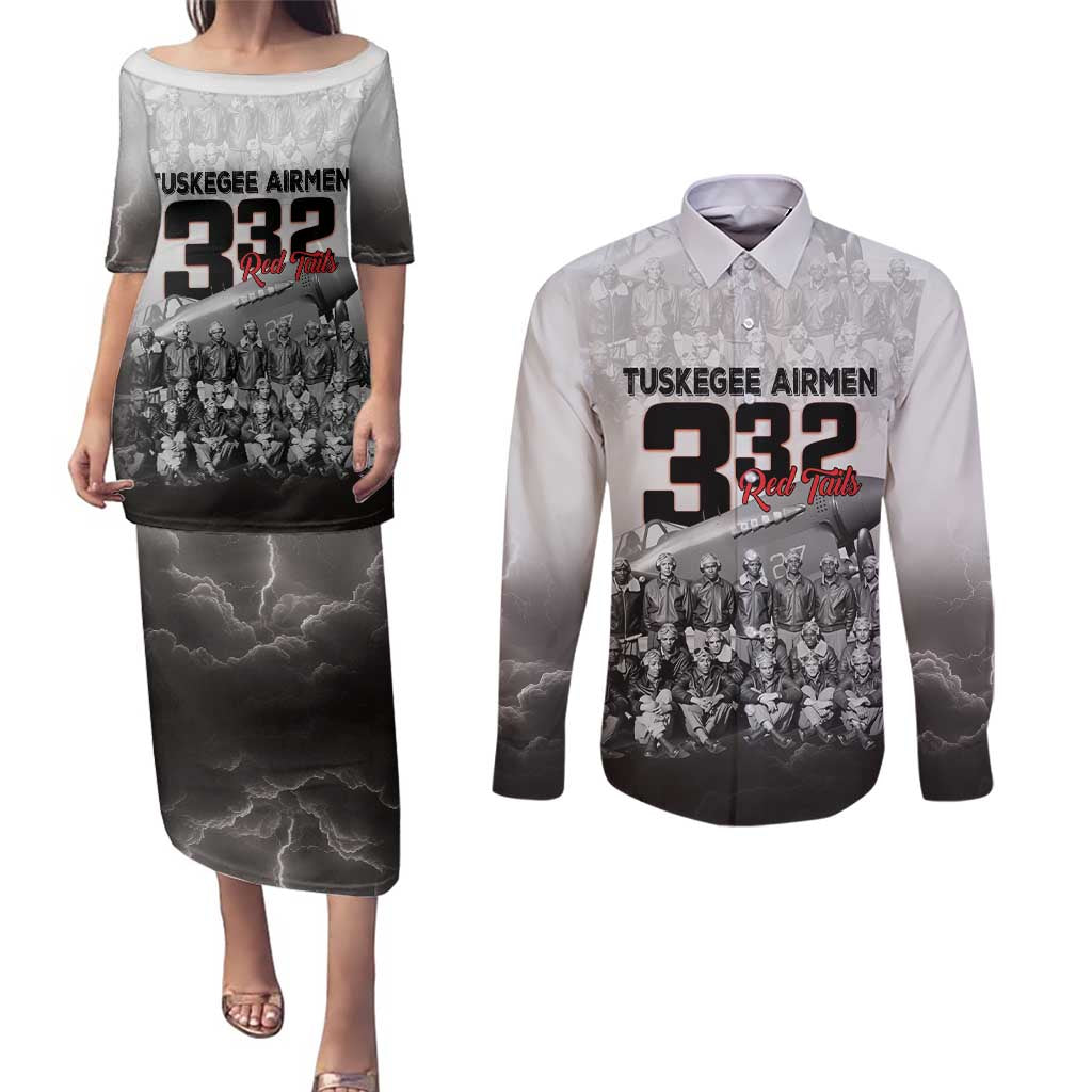Tuskegee Airmen Pride Couples Matching Puletasi and Long Sleeve Button Shirt 332nd Fighter Group Red Tails - Wonder Print Shop