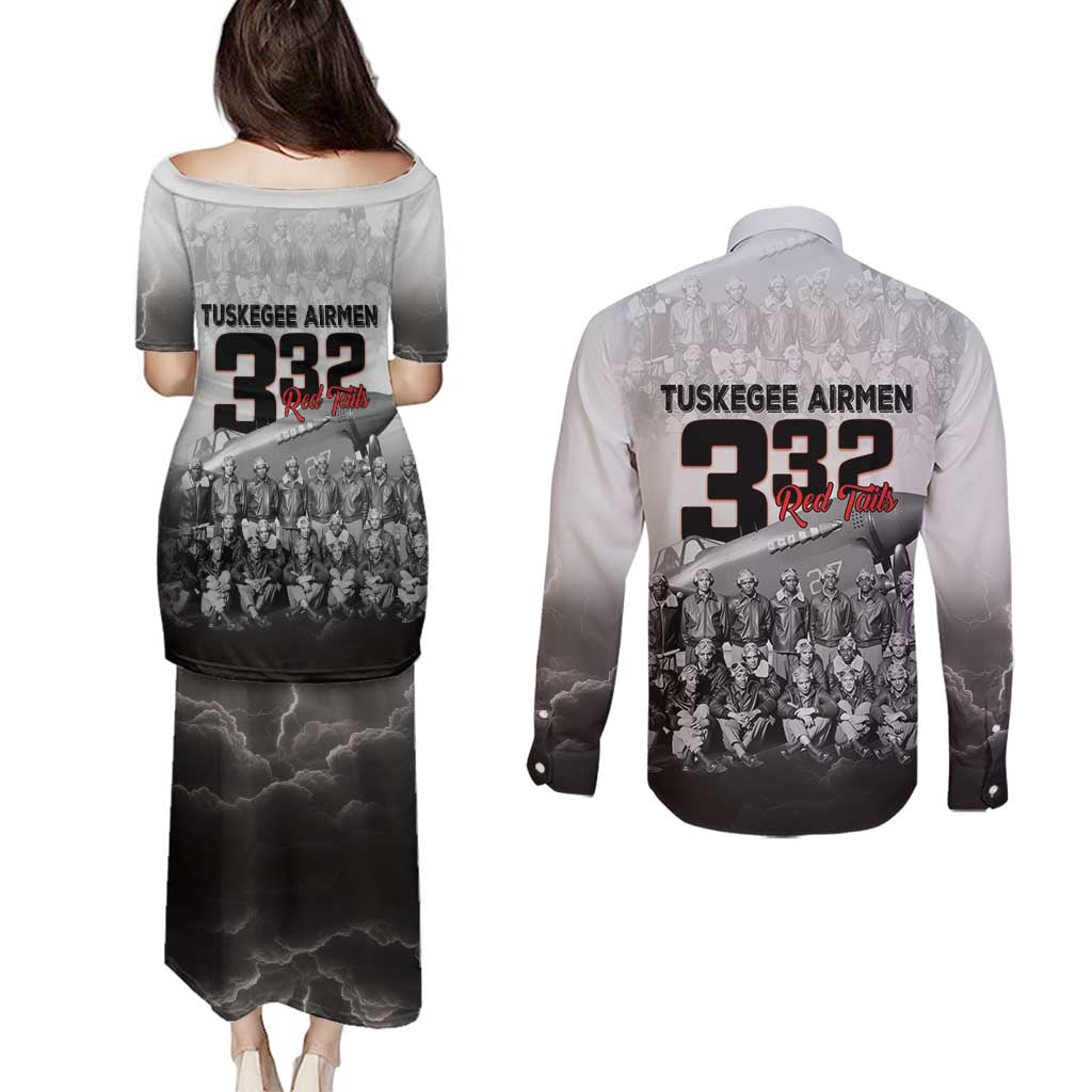 Tuskegee Airmen Pride Couples Matching Puletasi and Long Sleeve Button Shirt 332nd Fighter Group Red Tails - Wonder Print Shop