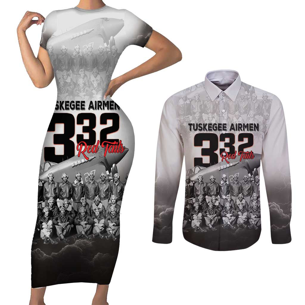 Tuskegee Airmen Pride Couples Matching Short Sleeve Bodycon Dress and Long Sleeve Button Shirt 332nd Fighter Group Red Tails - Wonder Print Shop