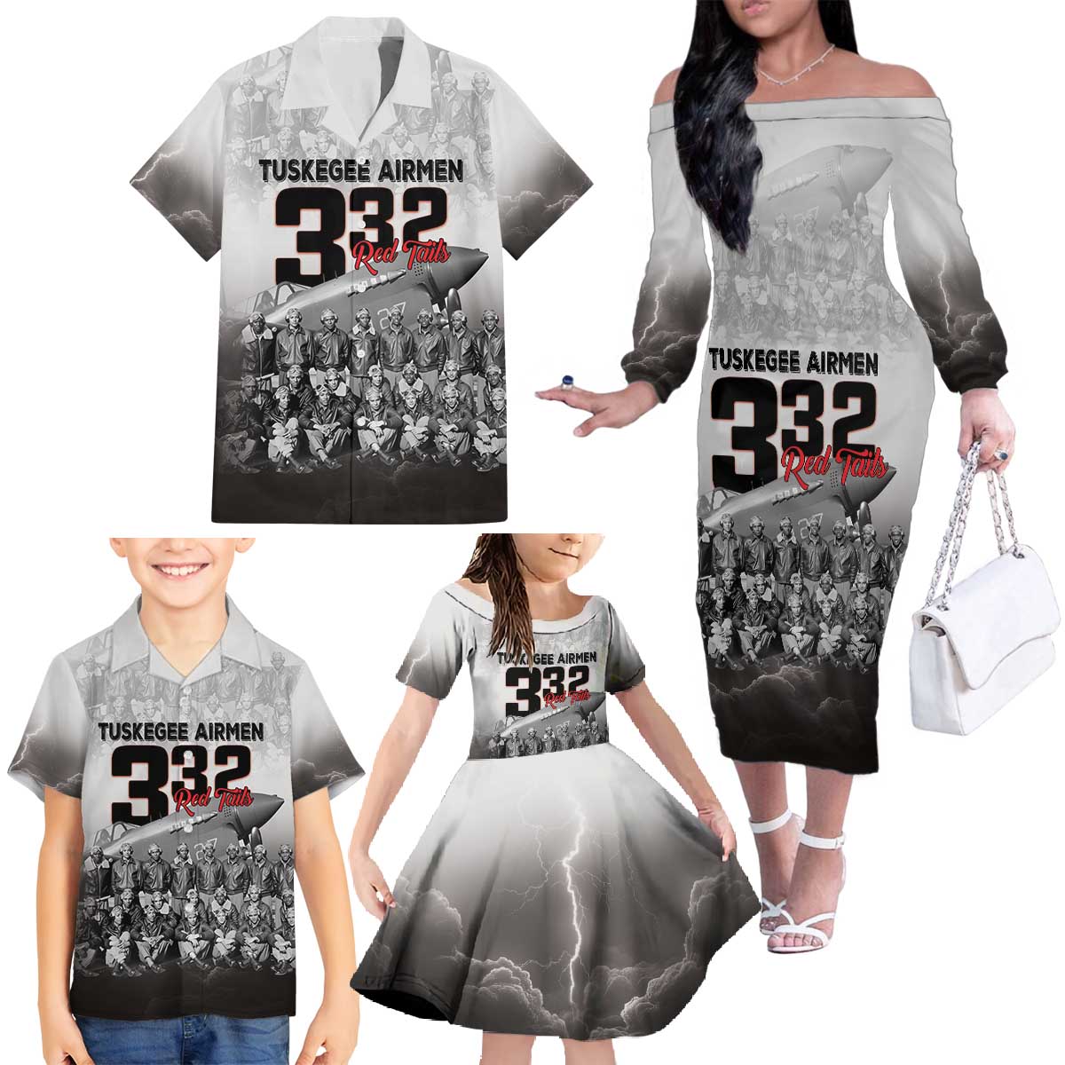 Tuskegee Airmen Pride Family Matching Off The Shoulder Long Sleeve Dress and Hawaiian Shirt 332nd Fighter Group Red Tails - Wonder Print Shop