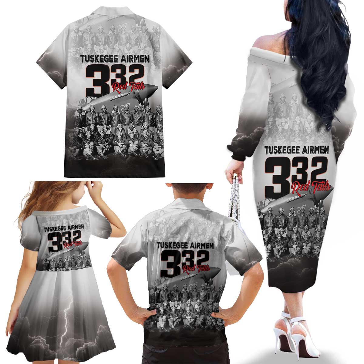 Tuskegee Airmen Pride Family Matching Off The Shoulder Long Sleeve Dress and Hawaiian Shirt 332nd Fighter Group Red Tails - Wonder Print Shop