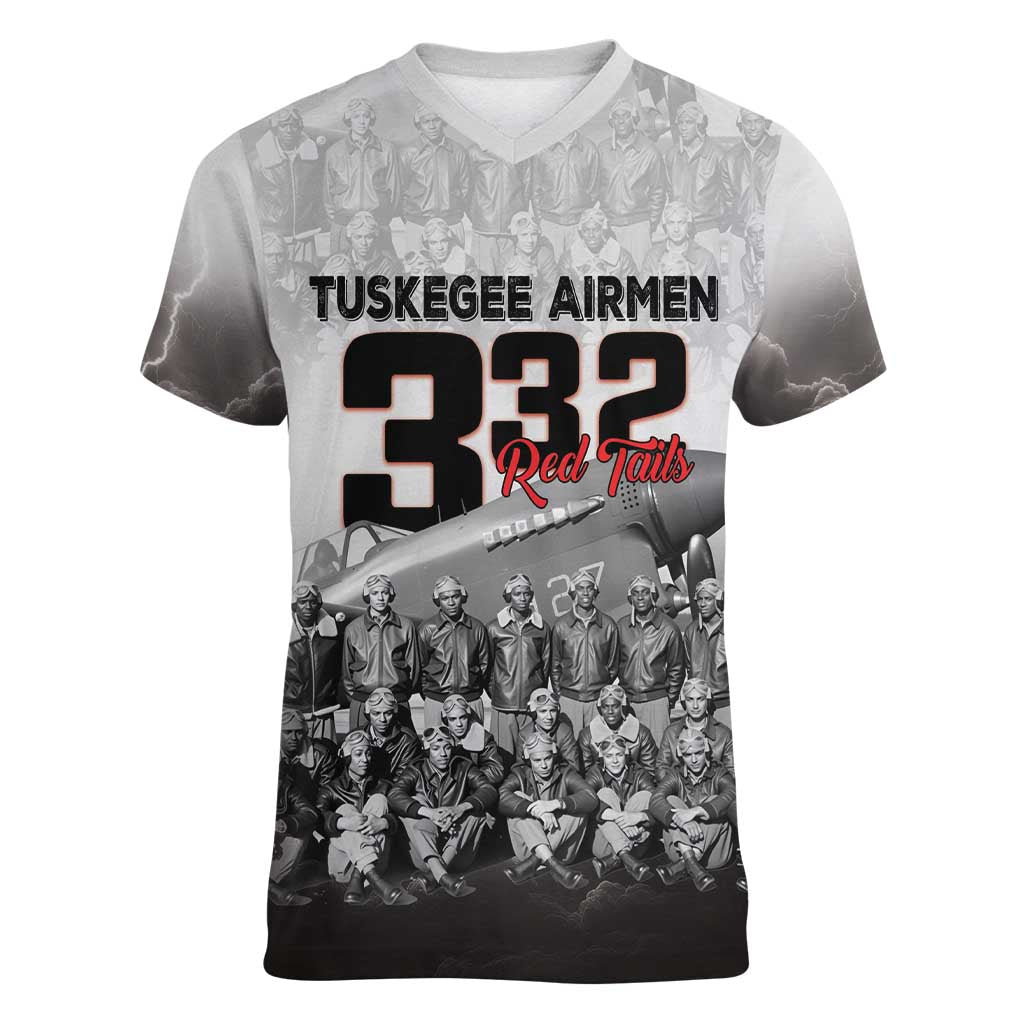 Tuskegee Airmen Pride Women V-Neck T-Shirt 332nd Fighter Group Red Tails - Wonder Print Shop