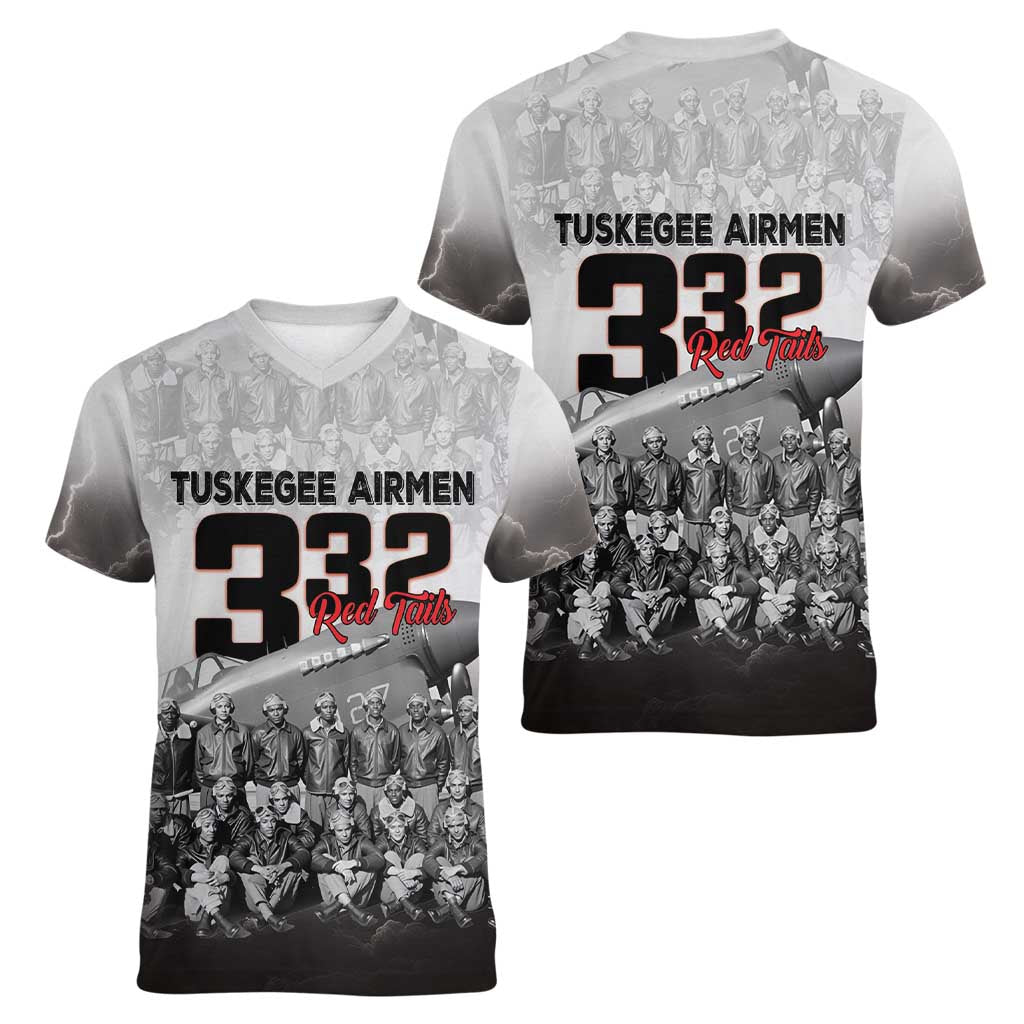 Tuskegee Airmen Pride Women V-Neck T-Shirt 332nd Fighter Group Red Tails - Wonder Print Shop