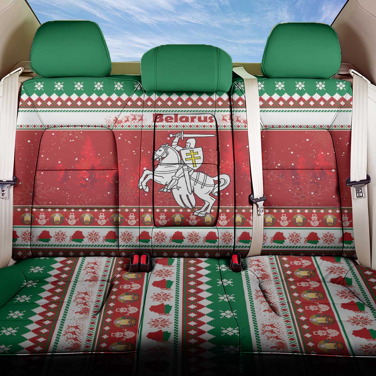 Belarus Pahonia Christmas Back Car Seat Cover Belarusian Vytis Knight Xmas Pattern - Wonder Print Shop