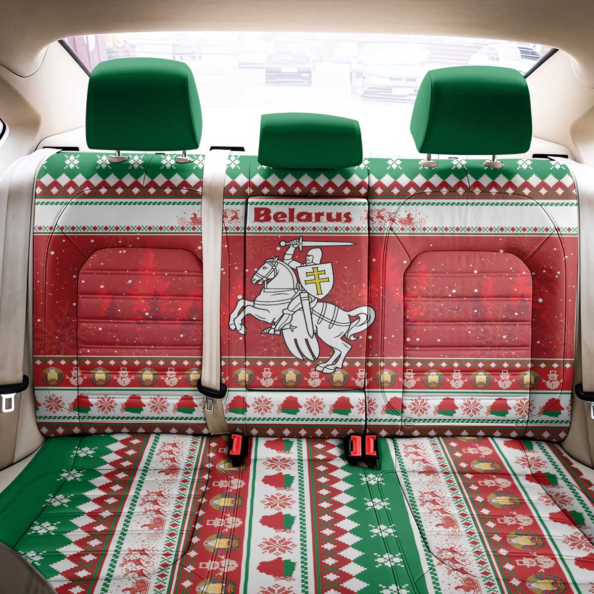 Belarus Pahonia Christmas Back Car Seat Cover Belarusian Vytis Knight Xmas Pattern - Wonder Print Shop