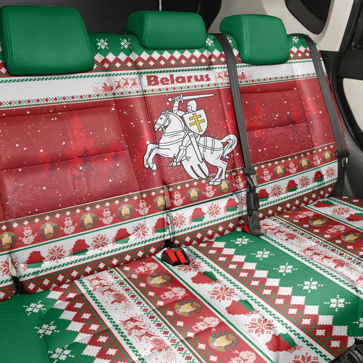 Belarus Pahonia Christmas Back Car Seat Cover Belarusian Vytis Knight Xmas Pattern - Wonder Print Shop