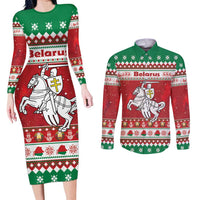 Belarus Pahonia Christmas Couples Matching Long Sleeve Bodycon Dress and Long Sleeve Button Shirt Belarusian Vytis Knight Xmas Pattern - Wonder Print Shop