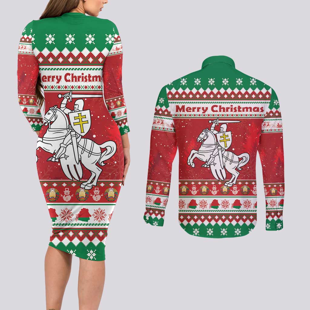 Belarus Pahonia Christmas Couples Matching Long Sleeve Bodycon Dress and Long Sleeve Button Shirt Belarusian Vytis Knight Xmas Pattern - Wonder Print Shop