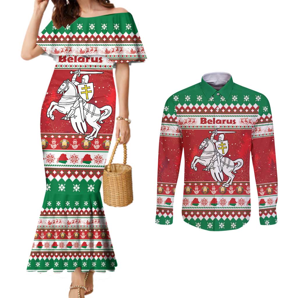 Belarus Pahonia Christmas Couples Matching Mermaid Dress and Long Sleeve Button Shirt Belarusian Vytis Knight Xmas Pattern - Wonder Print Shop
