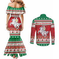 Belarus Pahonia Christmas Couples Matching Mermaid Dress and Long Sleeve Button Shirt Belarusian Vytis Knight Xmas Pattern - Wonder Print Shop