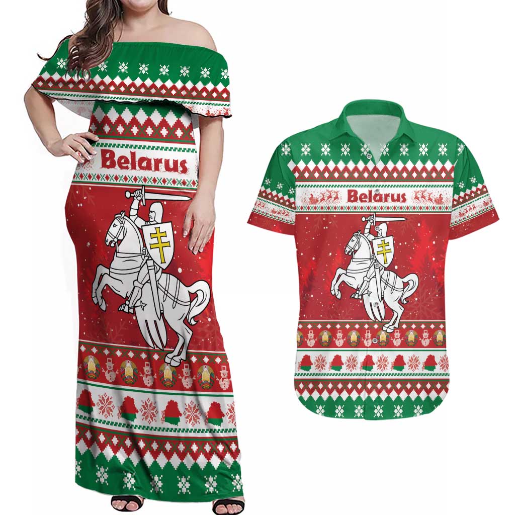 Belarus Pahonia Christmas Couples Matching Off Shoulder Maxi Dress and Hawaiian Shirt Belarusian Vytis Knight Xmas Pattern - Wonder Print Shop