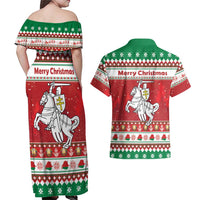 Belarus Pahonia Christmas Couples Matching Off Shoulder Maxi Dress and Hawaiian Shirt Belarusian Vytis Knight Xmas Pattern - Wonder Print Shop
