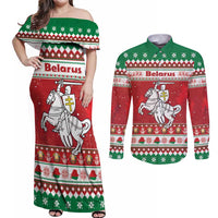 Belarus Pahonia Christmas Couples Matching Off Shoulder Maxi Dress and Long Sleeve Button Shirt Belarusian Vytis Knight Xmas Pattern - Wonder Print Shop