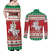 Belarus Pahonia Christmas Couples Matching Off Shoulder Maxi Dress and Long Sleeve Button Shirt Belarusian Vytis Knight Xmas Pattern - Wonder Print Shop