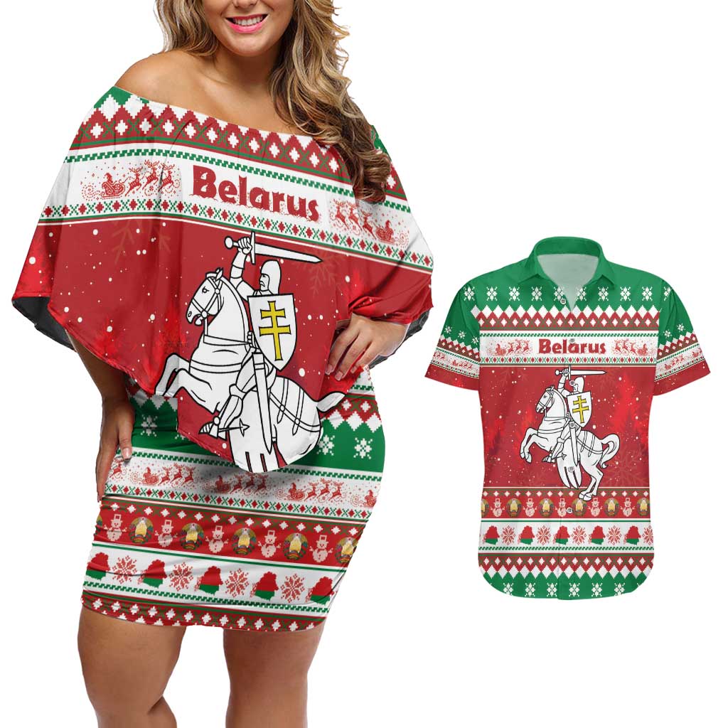 Belarus Pahonia Christmas Couples Matching Off Shoulder Short Dress and Hawaiian Shirt Belarusian Vytis Knight Xmas Pattern - Wonder Print Shop