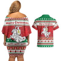 Belarus Pahonia Christmas Couples Matching Off Shoulder Short Dress and Hawaiian Shirt Belarusian Vytis Knight Xmas Pattern - Wonder Print Shop