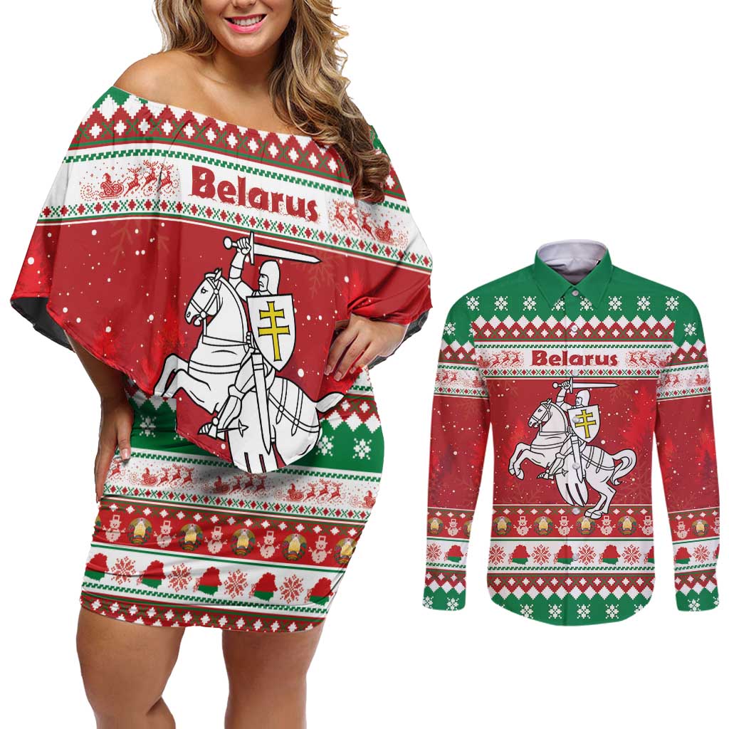Belarus Pahonia Christmas Couples Matching Off Shoulder Short Dress and Long Sleeve Button Shirt Belarusian Vytis Knight Xmas Pattern - Wonder Print Shop