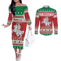 Belarus Pahonia Christmas Couples Matching Off The Shoulder Long Sleeve Dress and Long Sleeve Button Shirt Belarusian Vytis Knight Xmas Pattern - Wonder Print Shop