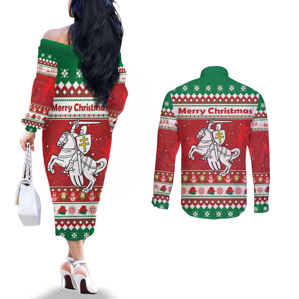 Belarus Pahonia Christmas Couples Matching Off The Shoulder Long Sleeve Dress and Long Sleeve Button Shirt Belarusian Vytis Knight Xmas Pattern - Wonder Print Shop