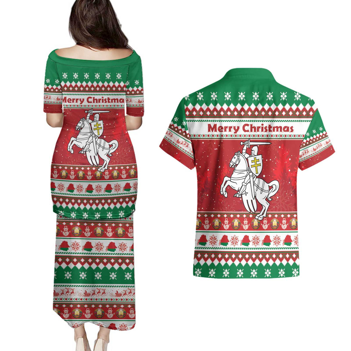 Belarus Pahonia Christmas Couples Matching Puletasi and Hawaiian Shirt Belarusian Vytis Knight Xmas Pattern - Wonder Print Shop