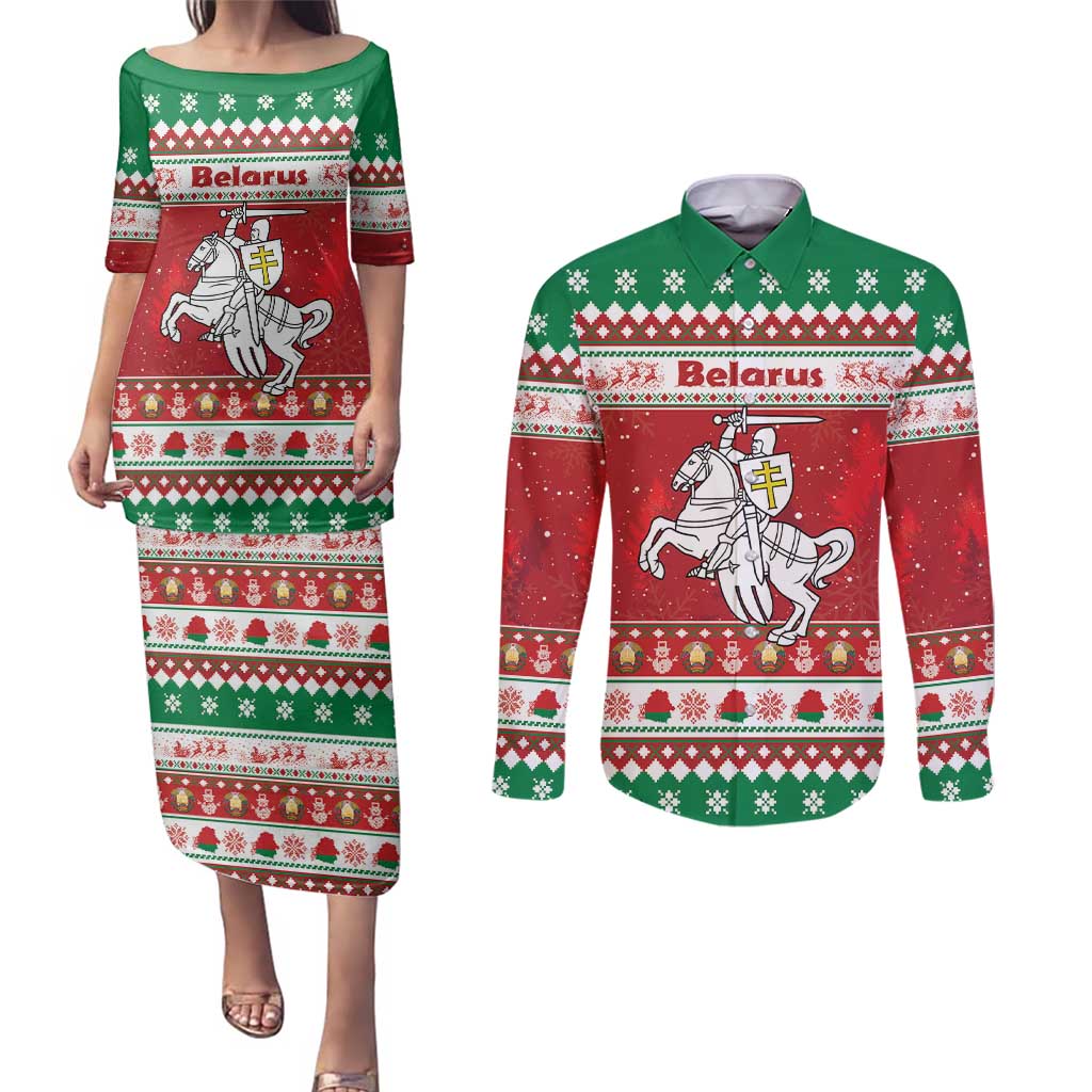 Belarus Pahonia Christmas Couples Matching Puletasi and Long Sleeve Button Shirt Belarusian Vytis Knight Xmas Pattern - Wonder Print Shop