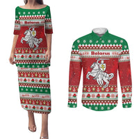 Belarus Pahonia Christmas Couples Matching Puletasi and Long Sleeve Button Shirt Belarusian Vytis Knight Xmas Pattern - Wonder Print Shop