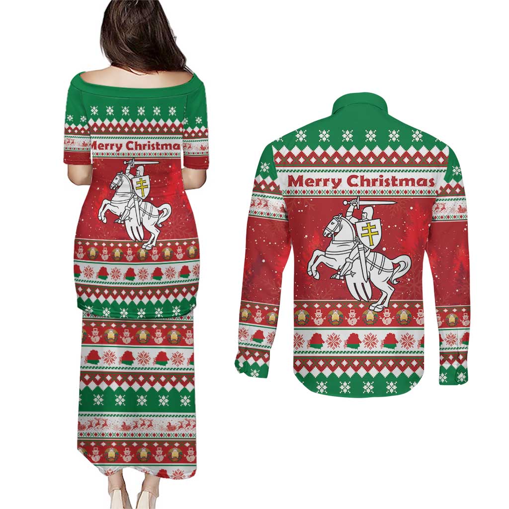 Belarus Pahonia Christmas Couples Matching Puletasi and Long Sleeve Button Shirt Belarusian Vytis Knight Xmas Pattern - Wonder Print Shop